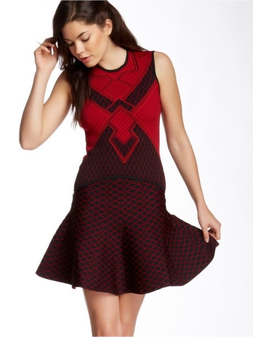 Torn by Ronny Kobo Red and Black Sleeveless Geometric Knit Fit-and-Flare Dress